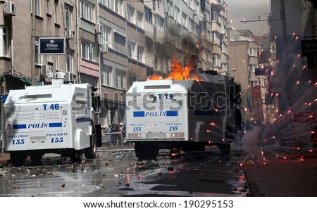 ISTANBUL, TURKEY-MAY 1: Turkish police fired water cannon and tear gas to prevent protesters from defying a ban on May Day rallies and reaching Taksim Square on May 1, 2014 in Istanbul, Turkey.