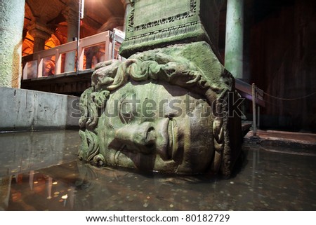 Medusa haed in The Basilica Cistern, Istanbul, Turkey.