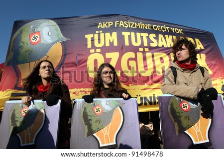 ISTANBUL, TURKEY - DECEMBER 26: Unidentified members of the Turkey Journalists\' Union rallied to protest the arrest of journalists on December 26, 2011 in Istanbul,Turkey.