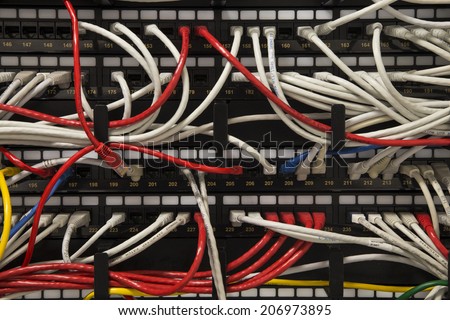 Cat5 cables in a rack mounted network switch