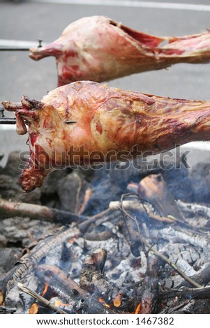 Shot of animals being roasted on a spit over an open fire, viking style