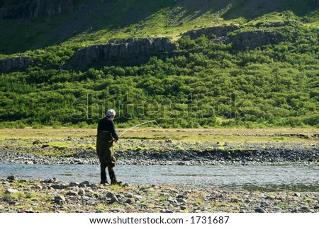 a man flyfishing in a great north atlantic salmon river just finished casting the line