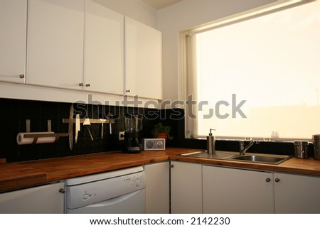 A regular kitchen,, sink, knives, blender, dishwasher and tissue paper visible