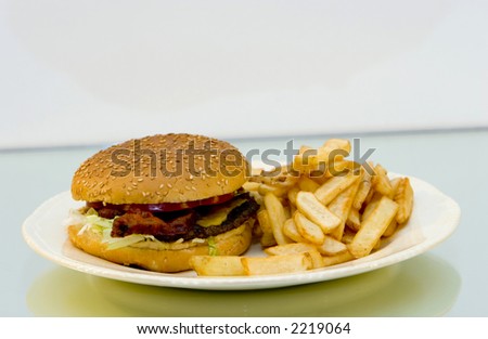 bacon cheeseburger with french fries on a plate