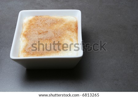 hot rice pudding with cinnamon sugar in a square bowl