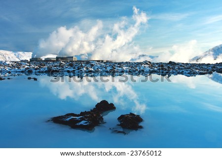 The geothermal power station at the Blue lagoon Iceland, taken in winter on a beautiful calm day. Very serene landscape