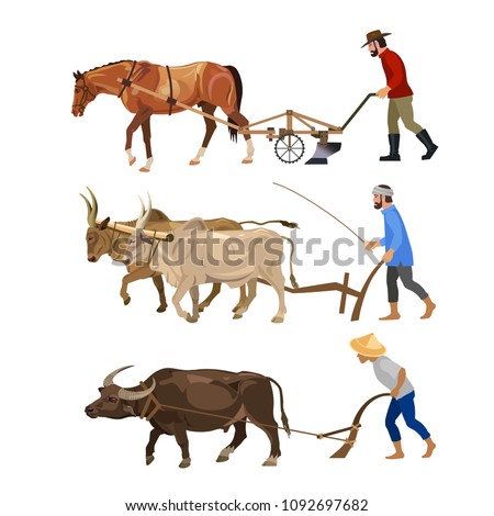 Farmers plows the land with various animals - horse, oxen, carabao. Set of vector illustrations isolated on white background