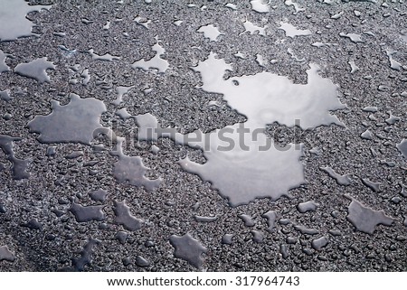 Wet asphalt covered with puddles of water reflecting the sky.