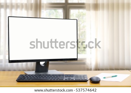 Computer, Desktop PC. for business ,background blur of curtain window.copy space.
