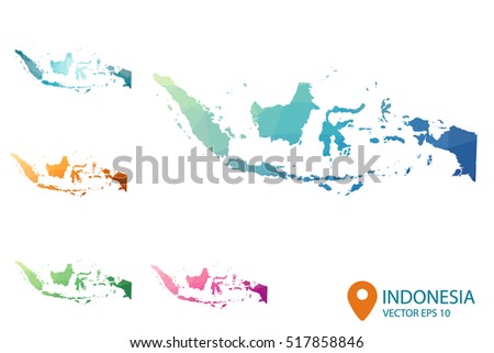 Set of vector polygonal Indonesia maps. Bright gradient map of country in low poly style. Multicolored country map in geometric style for your infographics. Vector illustration eps 10.