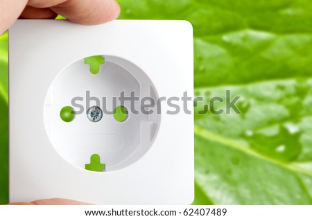 power outlet, isolated in front  of a green leaf. Symbol for green energy