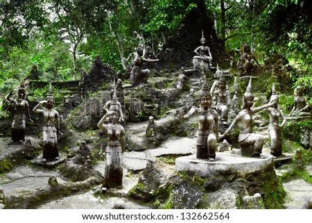 Amphitheater of angels statue in Buddha Magic Garden or Secret Buddha Garden. Koh Samui island, Thailand. Three images panorama