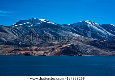 Morning at Tso Moriri Lake. Himalaya mountains range landscape with Tso Moriri lake. India, Ladakh, altitude 4600 m