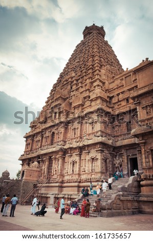 THANJAVUR, INDIA - FEBR 13: Indian people visiting and praying at Brihadeeswarar Temple on Febr 13, 2012. Temple 12th century AD is UNESCO World Heritage Site. India, Tamil Nadu, Thanjavur (Trichy)