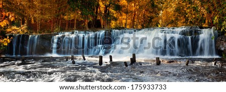 Tropical rainforest landscape with flowing Kulen waterfall in Cambodia. Two images panorama