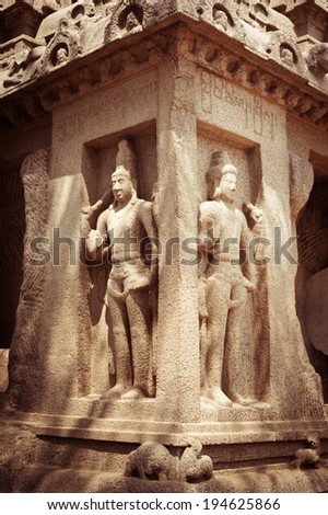 Statue at Panch Rathas Monolithic Hindu Temple in Mahabalipuram. Great South Indian architecture, UNESCO World Heritage Site. South India, Tamil Nadu, Mahabalipuram