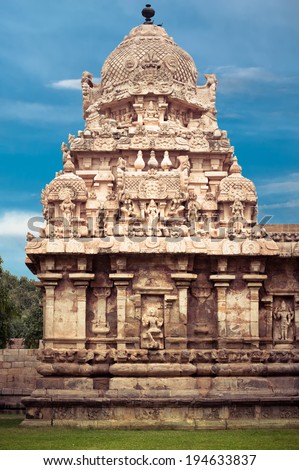 Great South Indian architecture. Brihadishvara Temple 12th century AD over blue sky. South India, Tamil Nadu, Thanjavur (Trichy)