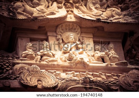 Amazing stone bas relief with Hindu God pantheon at Gangaikonda Cholapuram Temple. Great architecture of Hindu Temple dedicated to Shiva. South India, Tamil Nadu, Thanjavur (Trichy)