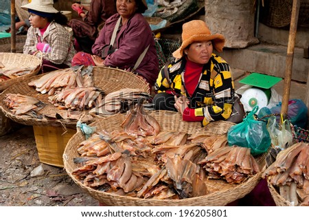 SIEM REAP, CAMBODIA - DEC 22, 2013: Unidentified Khmer woman selling fish at food marketplace on Dec 22, 2013 in Siem Reap, Cambodia. Street food markets is popular tradition in asia