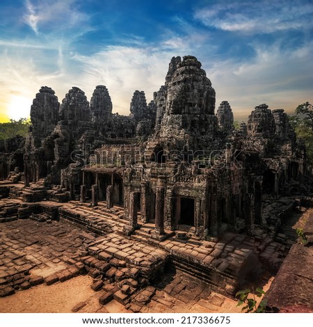 Ancient Khmer architecture. Amazing view of Bayon temple at sunset. Angkor Wat complex, Siem Reap, Cambodia travel destinations