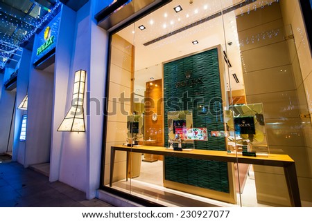 HO CHI MINH, VIETNAM- JAN 21, 2014: Rolex boutique display window with worldwide luxury watches for exclusive shopping and in most attractive tourists city in Vietnam