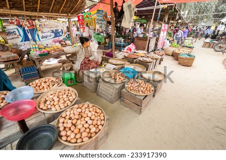 BAGAN, MYANMAR - JANUARY 16, 2014: Burmese people selling eggs and local goods at traditional asian marketplace. Burma travel destinations