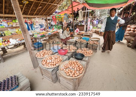 BAGAN, MYANMAR - JANUARY 16, 2014: Burmese people selling eggs and local goods at traditional asian marketplace. Burma travel destinations
