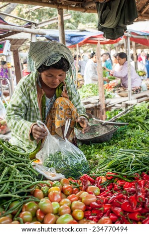 BAGAN, MYANMAR - JANUARY 16, 2014: Burmese woman selling spices and greengrocery at traditional asian marketplace. Burma travel destinations