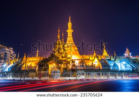 Night view of Yangon cityscape with famous Buddhist shrine Sule pagoda. Myanmar (Burma)