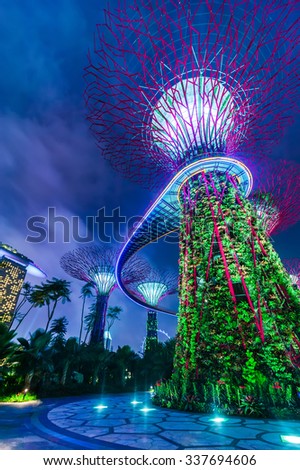 SINGAPORE -DEC 31: Futuristic view of amazing illumination at Garden by the Bay on Dec 31, 2013 in Singapore. Night light show at Supertree Groveis is main Marina Bay Sands district tourist attraction