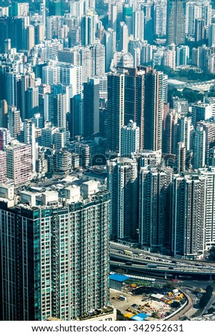 Abstract futuristic cityscape with modern skyscrapers. Hong Kong aerial view panorama