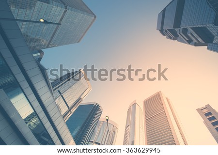Abstract futuristic cityscape view with modern skyscrapers. Hong Kong