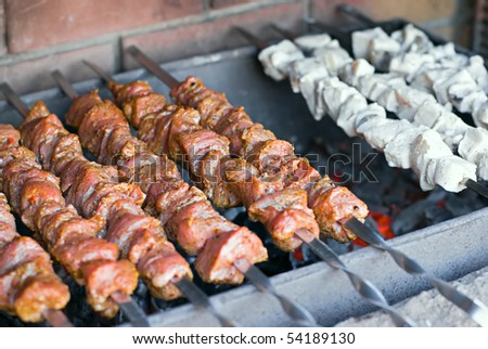 Kebab. Meat and fish on grill, barbecue