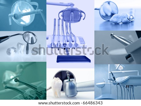 Dental background. Set of dentistry images blue tinted
