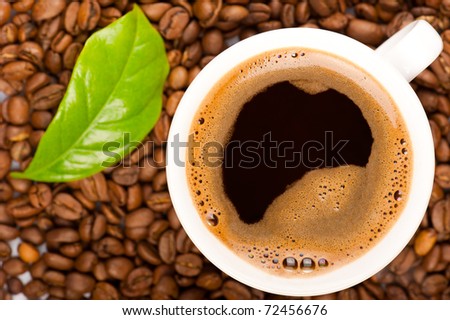 Cup of coffee and coffee beans with green leaf of coffee plant. Focus on cup