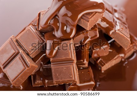 Chocolate background. Broken bars and flowing liquid chocolate