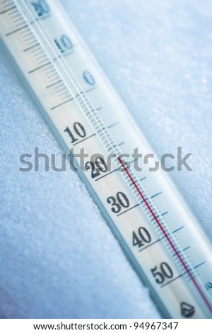 Thermometer in the snow at twenty degrees celsius