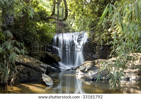 Water falls with reflection with no people. Greenery and pure flow giving a relaxed sensation