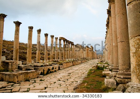 Ancient columns beside a way in Gerasa, Jordan