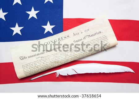 ensign of the USA with Declaration of Independence and feather