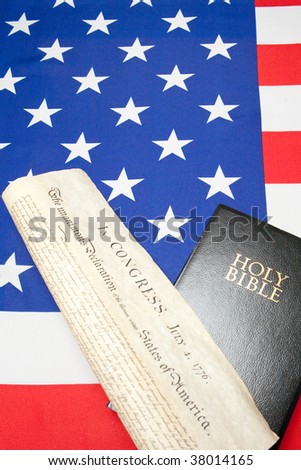 Bibel and the ensign of the USA with declaration of independence