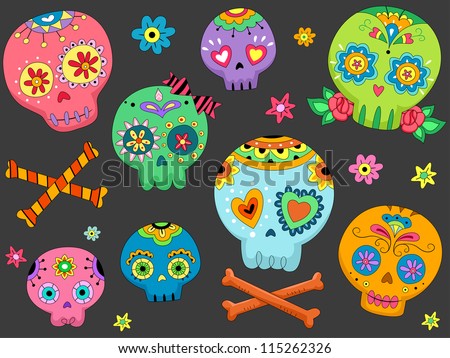 Halloween Illustration Featuring Colorful Sugar Skulls Halloween Illustration Featuring Colorful Sugar Skulls