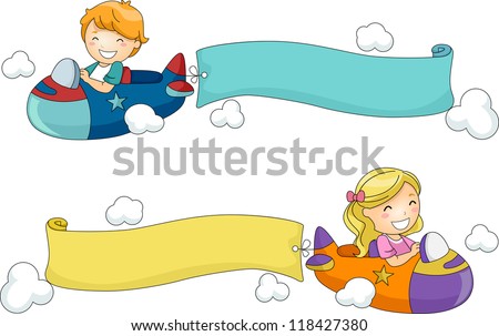 Illustration of Kids Riding Toy Airplanes with Banners Attached to Them Illustration of Kids Riding Toy Airplanes with Banners Attached to Them