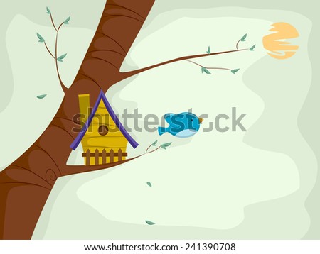 Illustration of a Cute Little Bird Flying Out of a Bird House