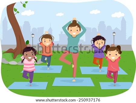 Illustration of Stickman Kids Doing Yoga Outdoors Illustration of Stickman Kids Doing Yoga Outdoors