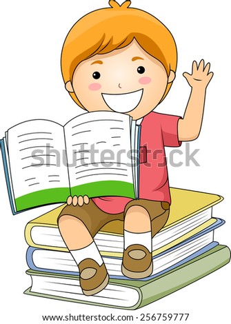 Illustration of a Little Boy Holding an Open Book While Raising His Hand Illustration of a Little Boy Holding an Open Book While Raising His Hand