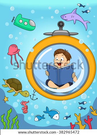 Illustration of a Kid Underwater seeing animals he was reading about