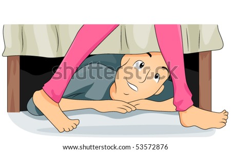 Girl Hiding Under Bed Cartoon Man under bed - vector - stock