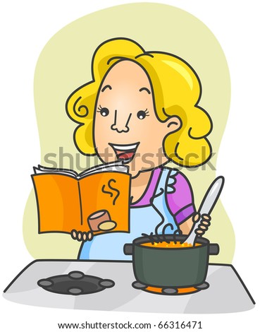 Clip Art Woman Cooking. stock vector : Illustration of a Woman Cooking Food Based on Instructions From a Cookbook