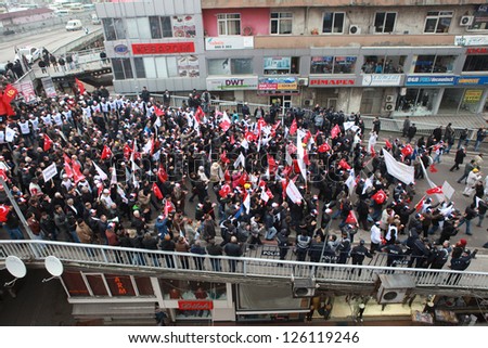 ZONGULDAK-JANUARY 27: 10,000 metal workers staged a demonstratim  to taken away sub-contracted work. Workers protested to government about work accident, on 27 January 2013 in Zonguldak,Turkey.